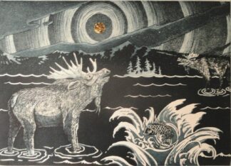 midnight sun moose - etching and 24k gold on arches